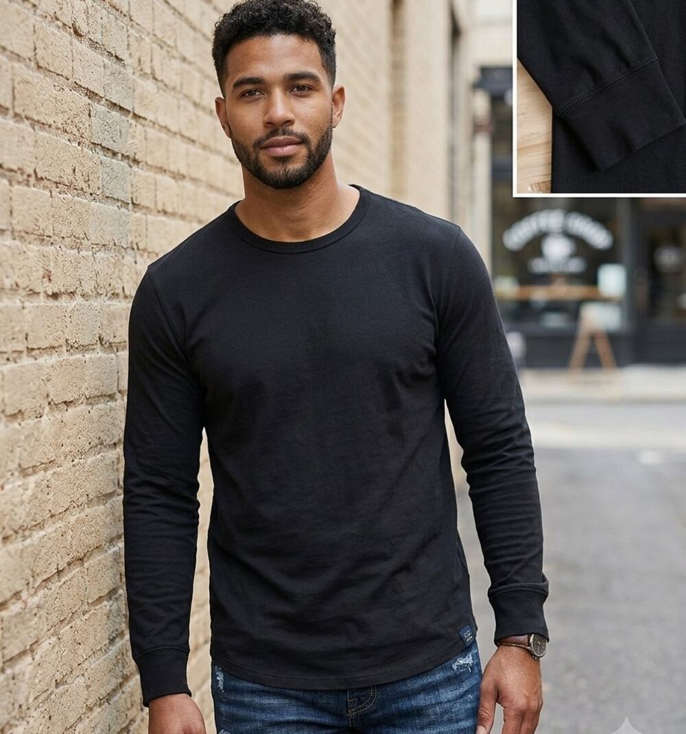 Lucky Brand Mens Long Sleeve Shirt Size Large L Black Navy Crew Neck Tee Cuffs